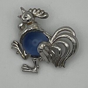 Vintage Brooch Rooster Silver Tone Blue Jelly Belly Pin